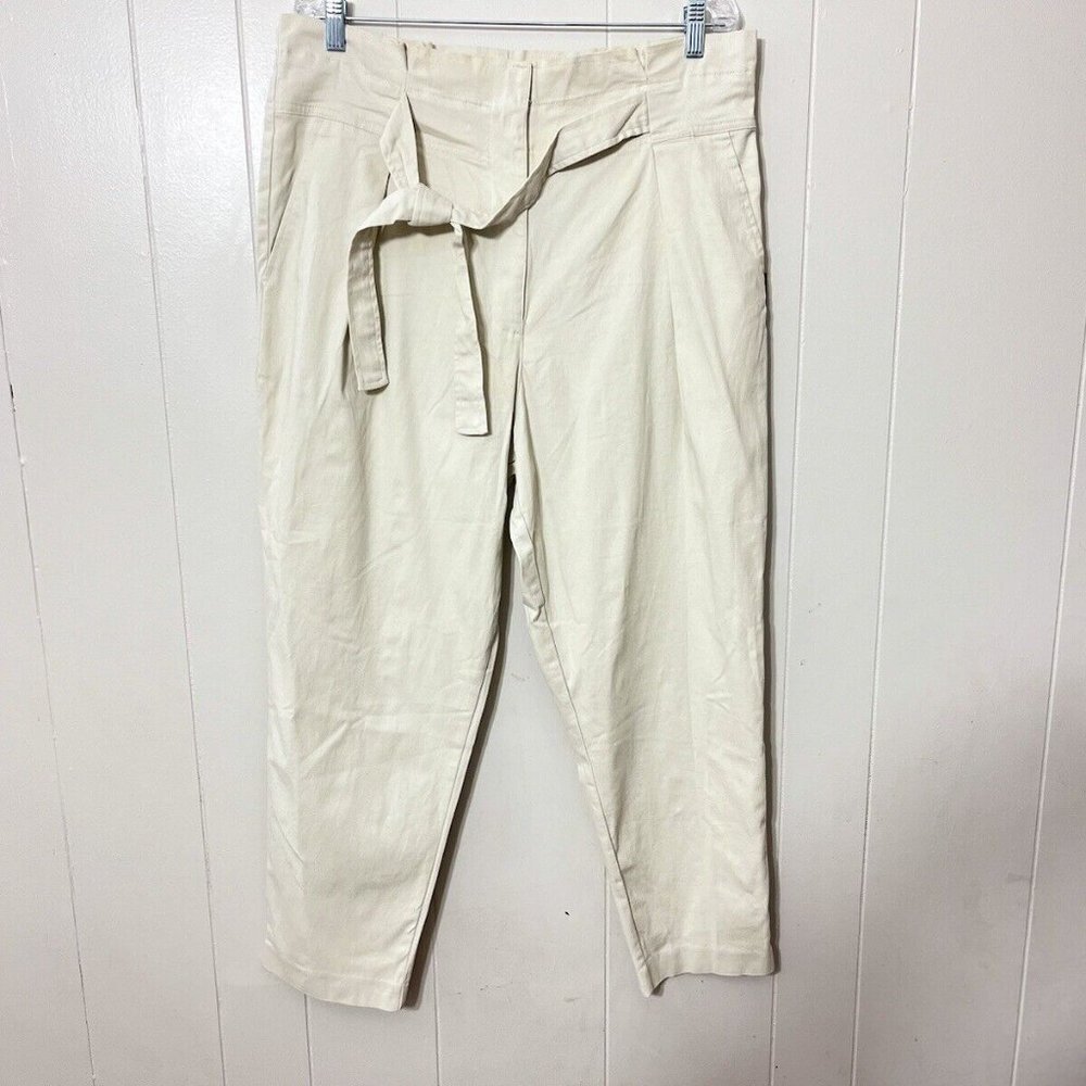 DKNY Beiage Cotton Paper Bag Tie Belt Pleated Ankle Pants Women's Sz 14 NWT